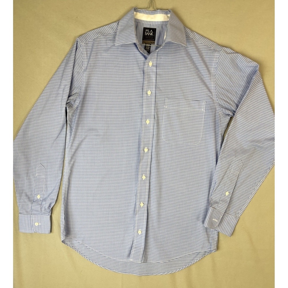 Jos A Bank 1905 Dress Shirt Mens 15.5 34 Slim Fit Blue Check Non Iron